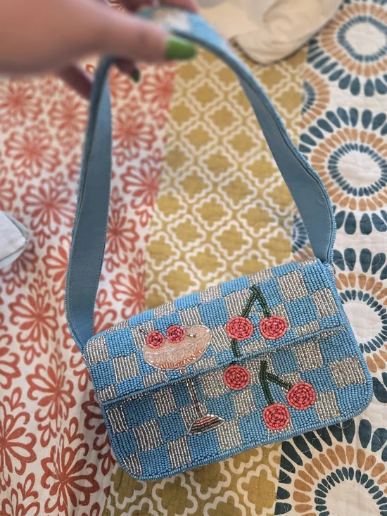 Anthropologie Blue Beaded Cherry Appliqué Shoulder Bag - Picture 1 of 6